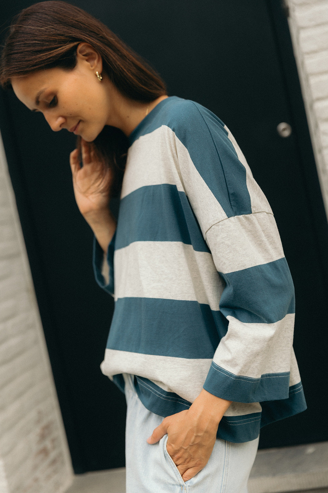 Claudia oversized longsleeve top petrol/grey striped